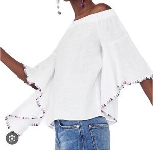 Zara White Linen Top S Off The Shoulder Tunic Flutter Sleeve Fringe Blouse Boxy